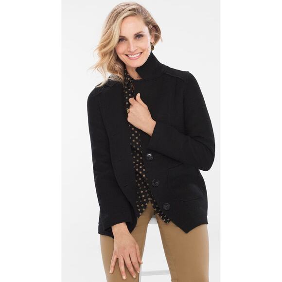 Chicos Boiled Wool Jacket Womens Size Small Black Button Front Collared Warm - Picture 2 of 10